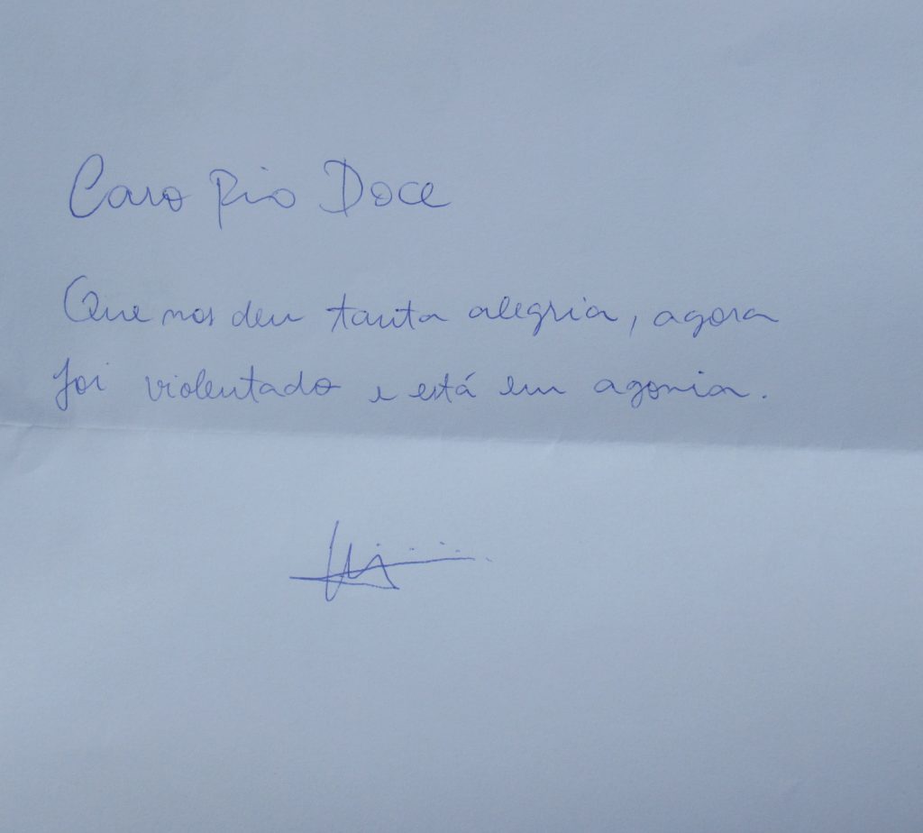 Carta do projeto "Monumento de Amor ao rio Doce" (Piatan Lube, 2018).[Créditos da Imagem: Piatan Lube p/ Projeto Monumento de Amor ao Rio Doce. 2018-07.][Cedência: Projeto Monumento de Amor ao Rio Doce 2019-08-27.